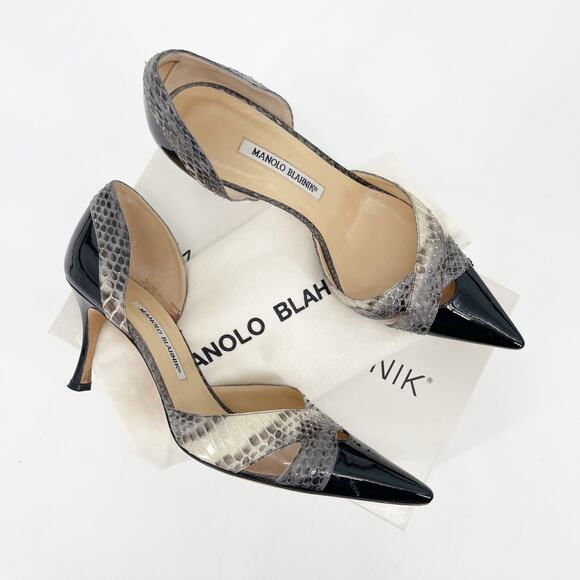 Manolo Blahnik Black Patent Snakeskin Plexi D’Orsay Pointed Toe Heels IT 40 - Picture 1 of 13